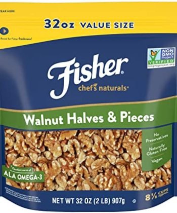Fisher Walnut Halves and Pieces, 32 Ounces, California Grown Walnuts, Unsalted, Naturally Gluten Free, No Preservatives, Non-GMO